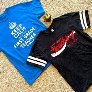 Lot of 2🍎FIRST GRADE TEACHER Tees🍏 Dark Gray Coke Logo & Turquoise Keep Calm